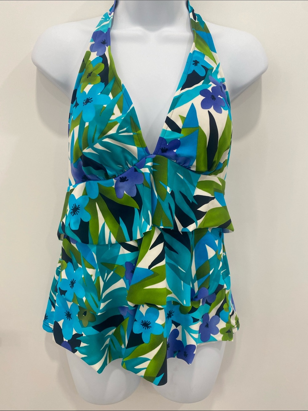 CARIBBEAN JOE Swim Floral Tankini Top Blue & Green Floral 14
